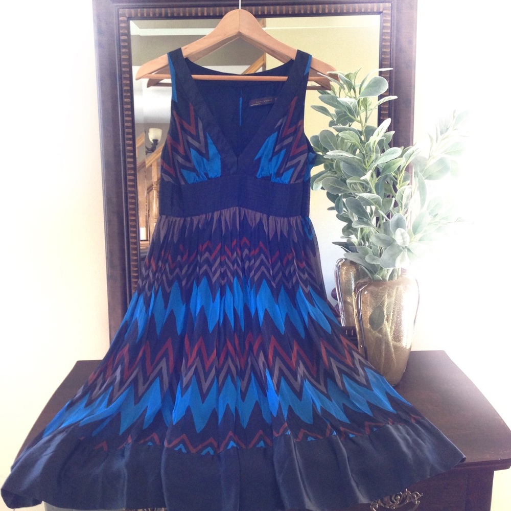 Zara Zig Zag Print Sleeveless V Neck Silk Dress S